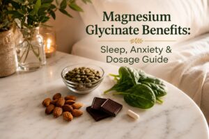 magnesium glycinate benefits — natural food sources including pumpkin seeds, almonds, dark chocolate and spinach